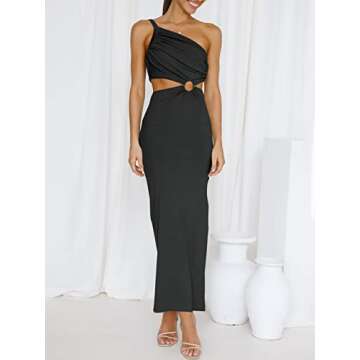 ANRABESS Women Summer One Shoulder Sleeveless Maxi Dress Cutout Sexy Bodycon Semi Formal Dinner Date Vacation Dresses Black Medium