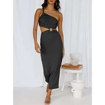 ANRABESS Women Summer One Shoulder Sleeveless Maxi Dress Cutout Sexy Bodycon Semi Formal Dinner Date Vacation Dresses Black Medium