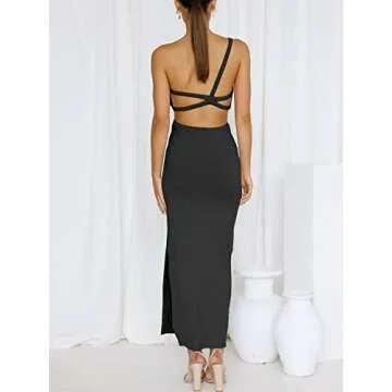 ANRABESS Women Summer One Shoulder Sleeveless Maxi Dress Cutout Sexy Bodycon Semi Formal Dinner Date Vacation Dresses Black Medium