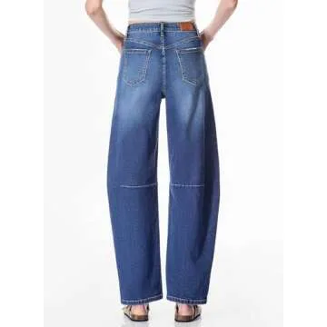 Sidefeel Women's Barrel Jeans Wide Leg Vintage Mid Rise Y2k Baggy Boyfriend Denim Pants Size 12 Blue