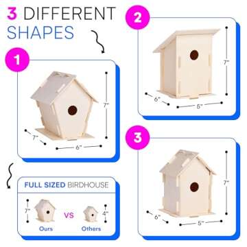 Neliblu 12 Wooden Birdhouses Kit, DIY Birdhouses for Kids and Adults, Painting Kit Party Favor with Color Paint, Brushes, Stickers, and Twine, Easy Assembly Wood Craft Sets in 3 Unique Shapes