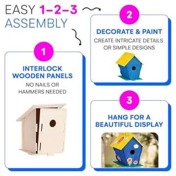 Neliblu 12 Wooden Birdhouses Kit, DIY Birdhouses for Kids and Adults, Painting Kit Party Favor with Color Paint, Brushes, Stickers, and Twine, Easy Assembly Wood Craft Sets in 3 Unique Shapes