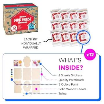 Neliblu 12 Wooden Birdhouses Kit, DIY Birdhouses for Kids and Adults, Painting Kit Party Favor with Color Paint, Brushes, Stickers, and Twine, Easy Assembly Wood Craft Sets in 3 Unique Shapes
