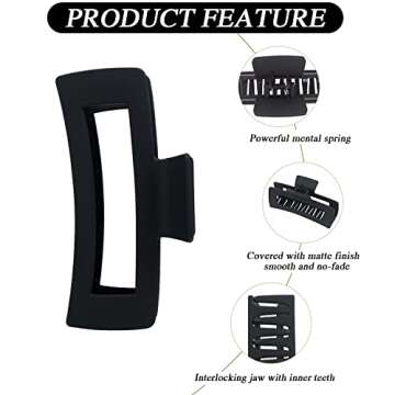 4 Pack Extra Large Hair Claw Clips for Women, 5'' Hair Clips for Thick and Long Hair, 90's Non-slip Square Jaw Clips for Curly Hair, Strong Hold Matte Hair Clamps (Black)