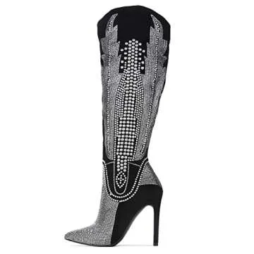 Knee High Cowboy Boots Women Western Wide Calf Rhinestone Cowgirl Boots for Women with Stiletto Heel...