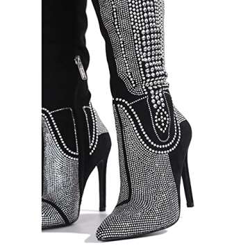 Knee High Cowboy Boots Women Western Wide Calf Rhinestone Cowgirl Boots for Women with Stiletto Heels Fashion Dress Boots for Women (Olkley) Blk 10