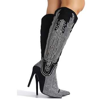 Knee High Cowboy Boots Women Western Wide Calf Rhinestone Cowgirl Boots for Women with Stiletto Heels Fashion Dress Boots for Women (Olkley) Blk 10
