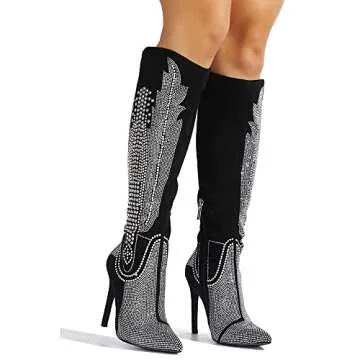 Knee High Cowboy Boots Women Western Wide Calf Rhinestone Cowgirl Boots for Women with Stiletto Heels Fashion Dress Boots for Women (Olkley) Blk 10