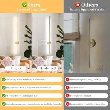 KELUOLY Dimmable Plug in Wall Sconce Set of 2, Gold 39.37" LED Wall Light with Remote, Adjustable Co...
