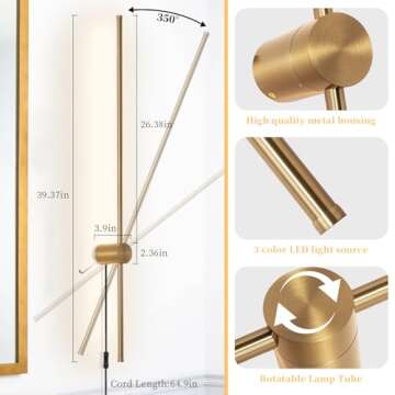 KELUOLY Dimmable Plug in Wall Sconce Set of 2, Gold 39.37" LED Wall Light with Remote, Adjustable Color Temperature Brightness Wall lamp with Timer for Living Room,Bedroom and Accent Lighting