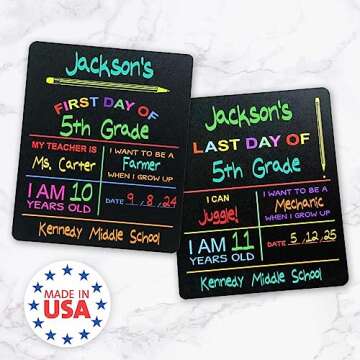 Reusable My First Day and Last of School Set Milestone Sign / 10" x 12" Photo Prop Board for Kids/Black Sign with Vibrant Color Printing