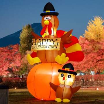 GOOSH 6 FT Thanksgiving Inflatables Turkey Outdoor Decorations Blow Up Yard Turkey on Pumpkin with T...