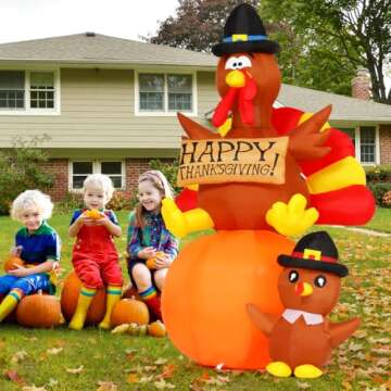 GOOSH 6 FT Thanksgiving Inflatables Turkey Outdoor Decorations Blow Up Yard Turkey on Pumpkin with Turkey Baby with Built-in LEDs for Indoor Party Garden Lawn Decor