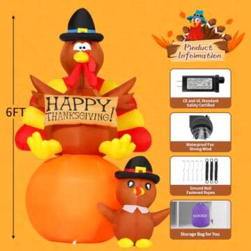 GOOSH 6 FT Thanksgiving Inflatables Turkey Outdoor Decorations Blow Up Yard Turkey on Pumpkin with Turkey Baby with Built-in LEDs for Indoor Party Garden Lawn Decor