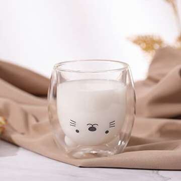 SHENDONG Cute Cat Mugs Cute Cups Cat Tea Coffee Cup Double Wall Insulated Glass Espresso Cups Glass 250ml/8.4oz Milk Cup Gift for Personal Birthday Valentine's Day and Office (Cute Mugs Cat)
