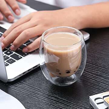 SHENDONG Cute Cat Mugs Cute Cups Cat Tea Coffee Cup Double Wall Insulated Glass Espresso Cups Glass 250ml/8.4oz Milk Cup Gift for Personal Birthday Valentine's Day and Office (Cute Mugs Cat)