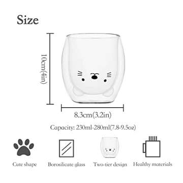 SHENDONG Cute Cat Mugs Cute Cups Cat Tea Coffee Cup Double Wall Insulated Glass Espresso Cups Glass 250ml/8.4oz Milk Cup Gift for Personal Birthday Valentine's Day and Office (Cute Mugs Cat)