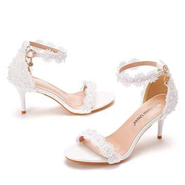 Crystal Queen Women White lace Ankle Strap High Heel Sandals Stiletto Heels Peep Toe Sandals Pump Shoes for Bride Wedding Party Evening LZ07WL-36