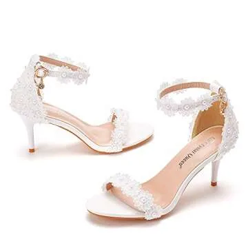 Crystal Queen Women White lace Ankle Strap High Heel Sandals Stiletto Heels Peep Toe Sandals Pump Shoes for Bride Wedding Party Evening LZ07WL-36