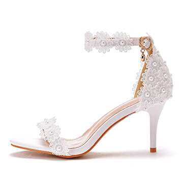 Crystal Queen Women White lace Ankle Strap High Heel Sandals Stiletto Heels Peep Toe Sandals Pump Shoes for Bride Wedding Party Evening LZ07WL-36