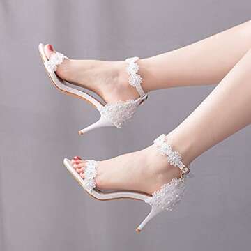 Crystal Queen Women White lace Ankle Strap High Heel Sandals Stiletto Heels Peep Toe Sandals Pump Shoes for Bride Wedding Party Evening LZ07WL-36