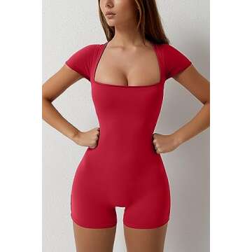 QINSEN Women's Sexy Square Neck Unitard Bodysuit Bodycon Stretchy One Piece Jumpsuits Shorts Rompers Red M
