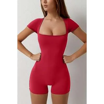 QINSEN Women's Sexy Square Neck Unitard Bodysuit Bodycon Stretchy One Piece Jumpsuits Shorts Rompers Red M
