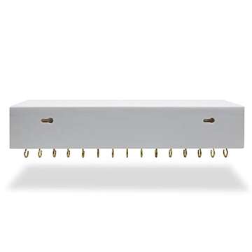 SANY DAYO HOME Jewelry Organizer with 30 Hooks and Cosmetics Shelf, 15 x 3 x 4 inches Wall Mounted Rustic Pine Wood Holder for Necklaces and Bracelets, Suitable for Kids and Adults (Retro White)