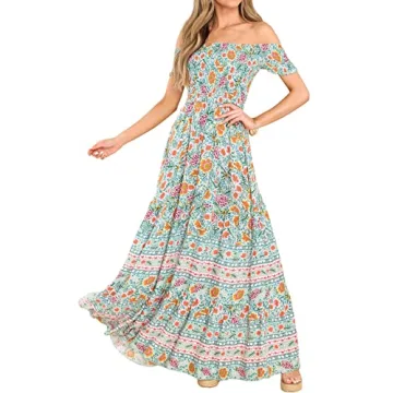 R.Vivimos Women's Summer Maxi Off-Shoulder Dresses Short Sleeve Empire Waist Boho Floral Print Casua...