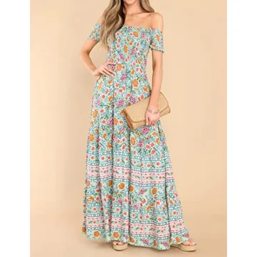 R.Vivimos Women's Summer Maxi Off-Shoulder Dresses Short Sleeve Empire Waist Boho Floral Print Casual Smocked Flowy Dresses (Small, Green)