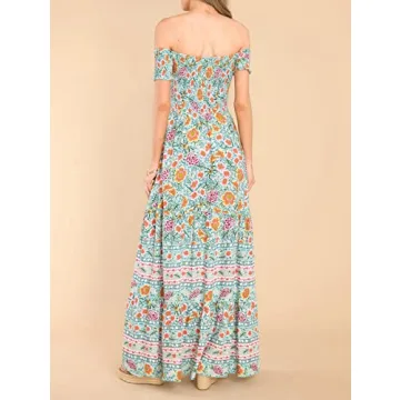R.Vivimos Women's Summer Maxi Off-Shoulder Dresses Short Sleeve Empire Waist Boho Floral Print Casual Smocked Flowy Dresses (Small, Green)