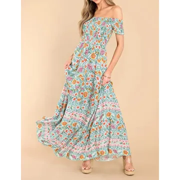 R.Vivimos Women's Summer Maxi Off-Shoulder Dresses Short Sleeve Empire Waist Boho Floral Print Casual Smocked Flowy Dresses (Small, Green)