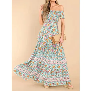 R.Vivimos Women's Summer Maxi Off-Shoulder Dresses Short Sleeve Empire Waist Boho Floral Print Casual Smocked Flowy Dresses (Small, Green)