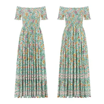 R.Vivimos Women's Summer Maxi Off-Shoulder Dresses Short Sleeve Empire Waist Boho Floral Print Casual Smocked Flowy Dresses (Small, Green)
