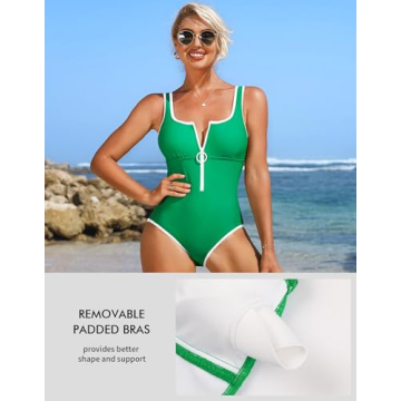 Charmo Women One Piece Swimsuit Tummy Control Bathing Suits Zipper Surfing Swimsuit Monokini Swimwear Green