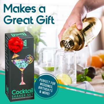 Mixology Cocktail Shaker Set Drink Mixer, 8-Piece Portable Bartender Kit with 24oz Martini Shaker Barware Tool Set, 2 Pourers, Muddler, Jigger, Mixing Spoon, Velvet Bag, Built-in Strainer (Gold)