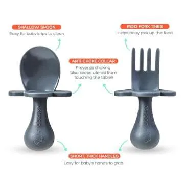 Grabease Toddler Spoon & Fork - First Stage Baby Spoons Self Feeding 6 months Plus to 12 Months & Older - Baby Utensils & Silverware as Early as 4 Months - BPA-Free & Phthalate-Free - 1 Set, Gray