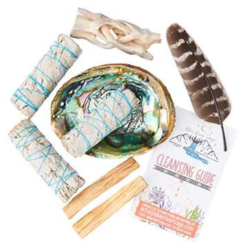 Home Cleansing & Smudging Kit with 3 White Sage, 2 Palo Santo, Abalone & Stand, Smudge Feather & Guide (Deluxe)