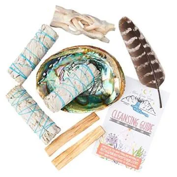 Home Cleansing & Smudging Kit with 3 White Sage, 2 Palo Santo, Abalone & Stand, Smudge Feather & Guide (Deluxe)