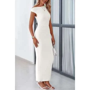 PRETTYGARDEN Women's Summer Formal Maxi Dresses Sleeveless One Shoulder Bodycon Ruched Slit Mesh Wedding Guest Cocktail Dress (White,Medium)