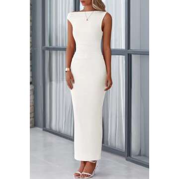 PRETTYGARDEN Women's Summer Formal Maxi Dresses Sleeveless One Shoulder Bodycon Ruched Slit Mesh Wedding Guest Cocktail Dress (White,Medium)