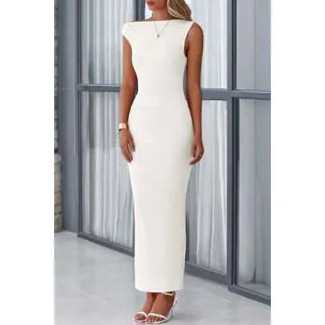 PRETTYGARDEN Women's Summer Formal Maxi Dresses Sleeveless One Shoulder Bodycon Ruched Slit Mesh Wedding Guest Cocktail Dress (White,Medium)