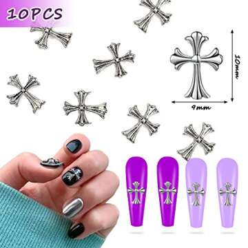 Eastern Trade 10Pcs 3D Silver Metal Cross Nail Charms, Punk Nail Art Charms Vintage, Nail Art Decora...