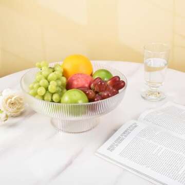 Koythin Glass Fruit Bowl, Footed Fruit Bowls, Decorative Fruit Basket for Kitchen Counter, Table Countertop, Home Decor, Fruit and Vegetable Holder (Ribbed Texture)