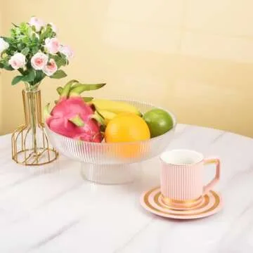 Koythin Glass Fruit Bowl, Footed Fruit Bowls, Decorative Fruit Basket for Kitchen Counter, Table Countertop, Home Decor, Fruit and Vegetable Holder (Ribbed Texture)