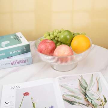 Koythin Glass Fruit Bowl, Footed Fruit Bowls, Decorative Fruit Basket for Kitchen Counter, Table Countertop, Home Decor, Fruit and Vegetable Holder (Ribbed Texture)