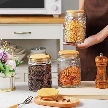 WHJY Glass Storage Container with Lid, Airtight Glass Jars, Farmhouse Tea Canister, Dog Treat Jar for Pet, Glass Candy Cookies Coffee Canister Jar Bath Salt Container - 24 oz, Star Flower