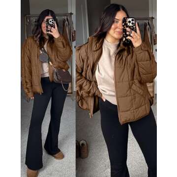 AMEBELLE Women’s Quilted Oversized Puffer Jacket Lightweight Zip Up Winter Warm Coat Outerwear with Pockets(2612-Brown-XL)