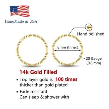 14k Gold Filled Small Gold Hoop Earring for Women Girls, 8mm Tiny Thin Gold Huggie Earrings, Non Tar...