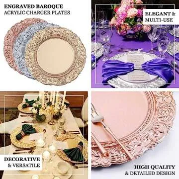 Efavormart Set of 6 ROSE GOLD 14" Round Plastic Charger Plates With Engraved Baroque Design Rim For Wedding Party Events
